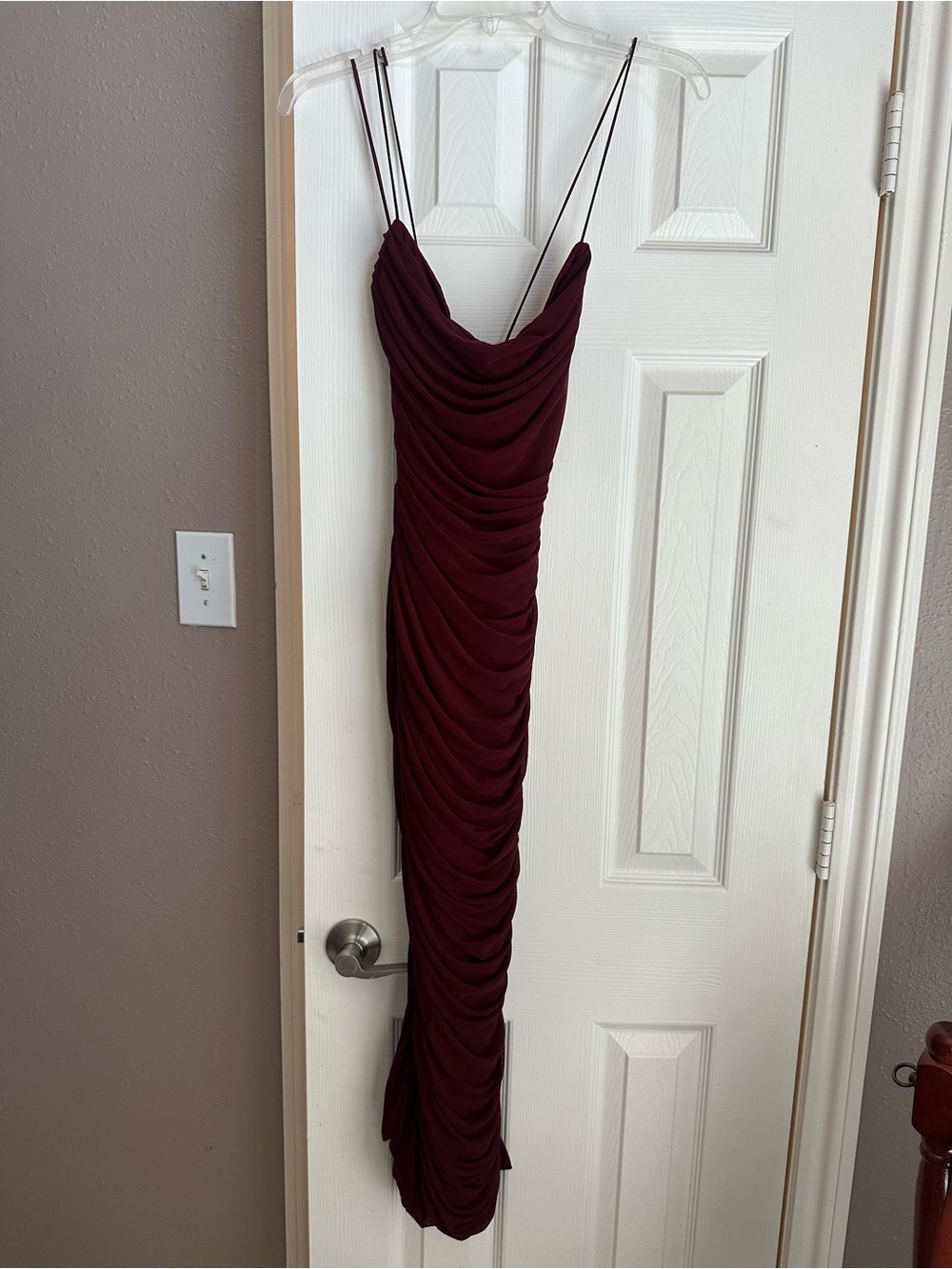 Ruched Spaghetti Strap Burgundy Maxi Dress